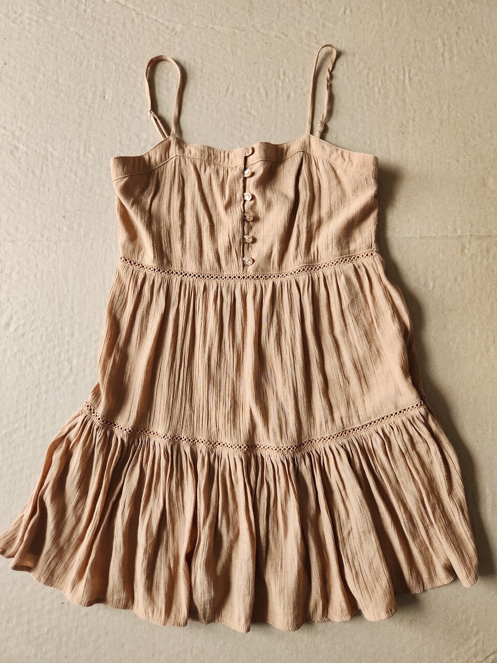 Love Tree Light Brown Flowy Tiered Mini Sundress with Spaghetti Straps